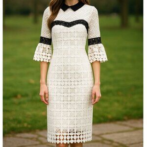 Nanette Lepore Sheath Black White Lace Bell Sleeve Collared Dress Wedding Guest